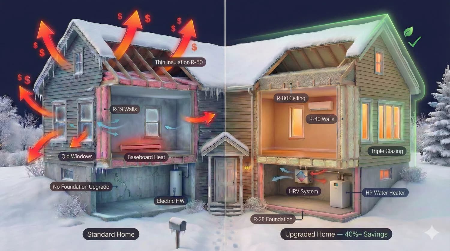 Cross-section comparison — standard house vs. energy-efficient upgrades